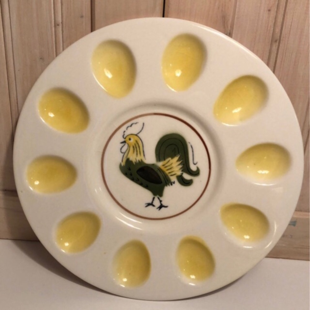 Cottagecore Deviled Egg Whole Egg Plate server with Rooster MCM Vintage Antique